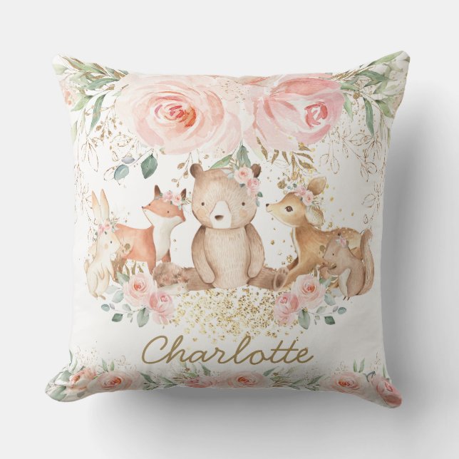 Chic Woodland Animals Blush Floral New Baby Girl Throw Pillow (Front)