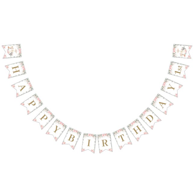 Chic Woodland Animals Blush Pink Floral Birthday Bunting Flags (All)