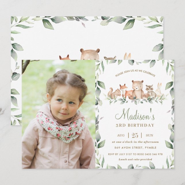 Chic Woodland Animals Greenery Birthday Photo Invitation (Front/Back)