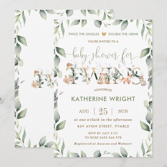 Chic Woodland Animals Greenery Twins Baby Shower Invitation (Front/Back)