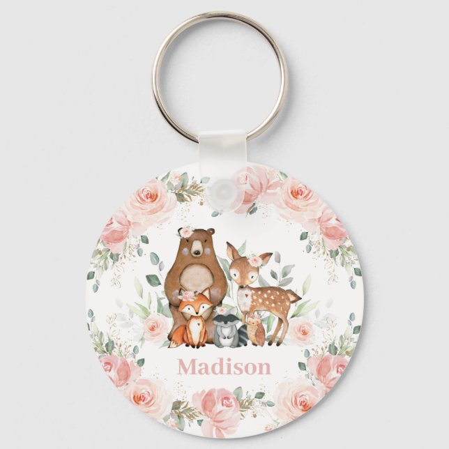 Chic Woodland Animals Pastel Blush Floral Favour Keychain (Front)