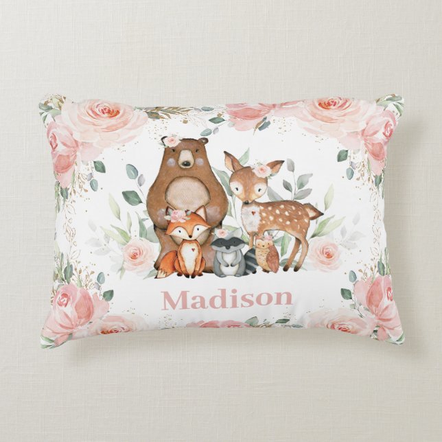 Chic Woodland Animals Pastel Blush Floral Gold  Accent Pillow (Front)