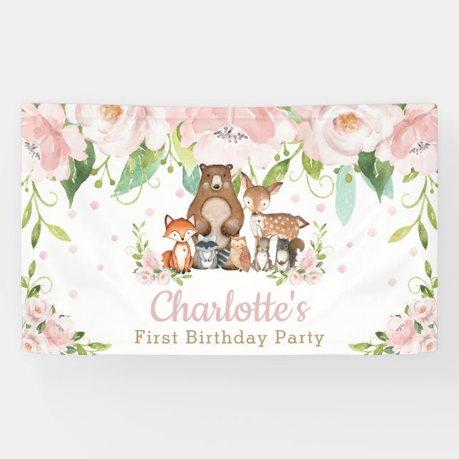 Chic Woodland Animals Pink Floral Backdrop Welcome Banner (Horizontal)