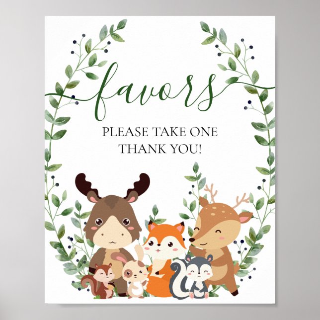 Chic Woodland Greenery Animals Baby Shower Favors  Poster (Front)