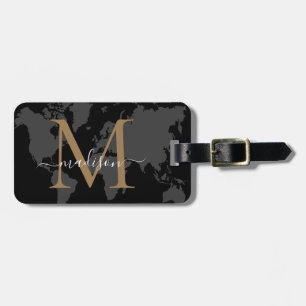 Chic World Traveller Map Black Gold Monogram Scrip Luggage Tag