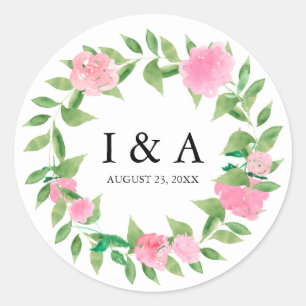 Chic Wreath with Monogram and Wedding Date Classic Round Sticker