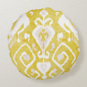 Chic yellow and grey damask ikat tribal pattern round pillow