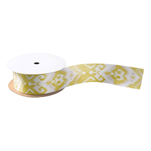 Chic yellow and grey damask ikat tribal pattern satin ribbon (Spool)