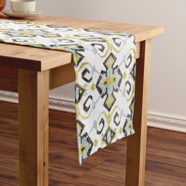 Chic yellow and grey ikat tribal pattern short table runner (In Situ)