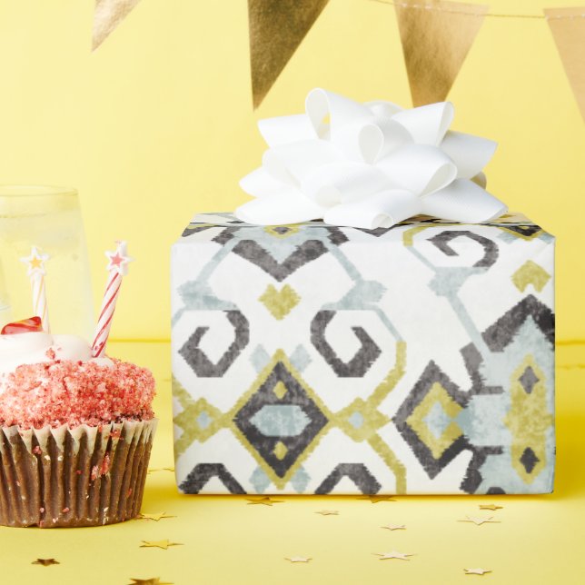 Chic yellow and grey ikat tribal pattern wrapping paper (Birthday Party)