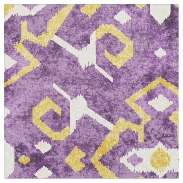 Chic yellow and purple ikat tribal pattern fabric (Close Up)