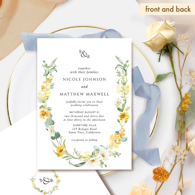 Chic Yellow and White Floral Monogram Wedding Invitation (Creator Uploaded)