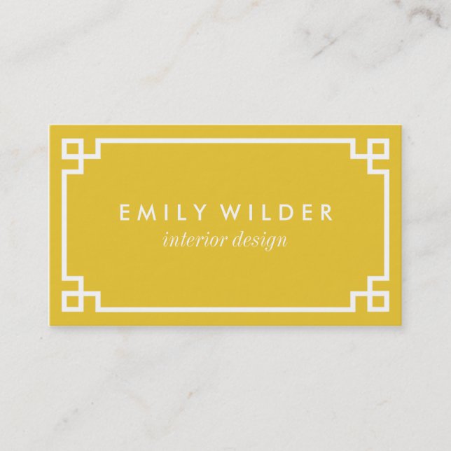 Chic Yellow and White Greek Key Business Card (Front)