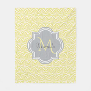 Chic Yellow Art Deco Scallops Grey Monogram Name Fleece Blanket