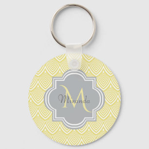Chic Yellow Art Deco Scallops Grey Monogram Name Keychain