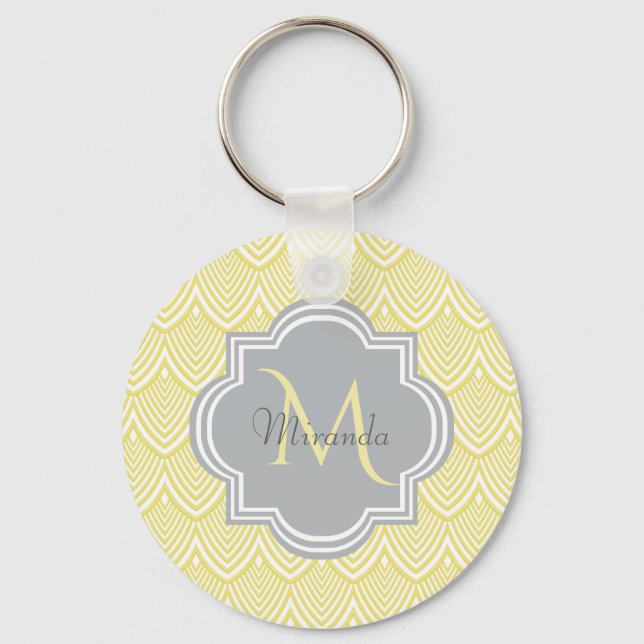 Chic Yellow Art Deco Scallops Grey Monogram Name Keychain (Front)