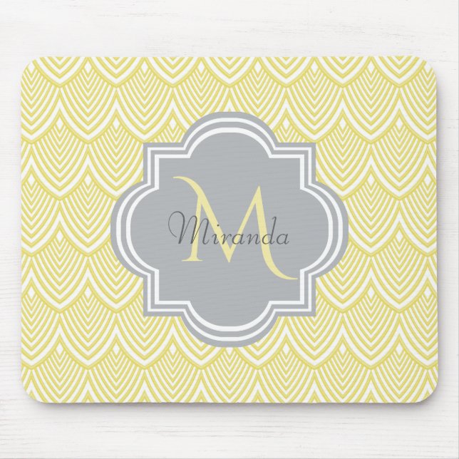 Chic Yellow Art Deco Scallops Grey  Monogram Name Mouse Pad (Front)