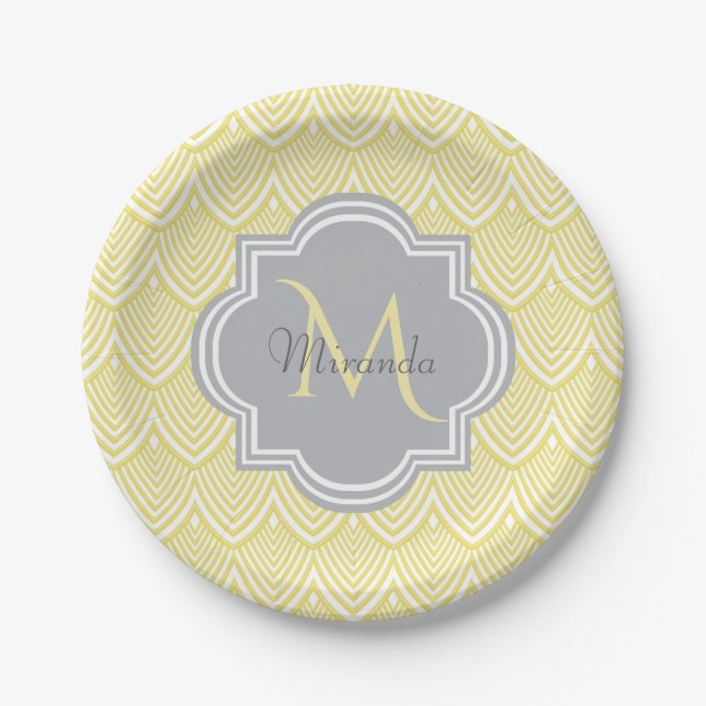 Chic Yellow Art Deco Scallops Grey Monogram Name Paper Plate (Front)