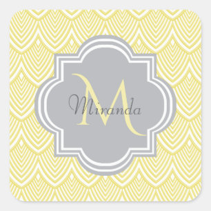 Chic Yellow Art Deco Scallops Grey  Monogram Name Square Sticker