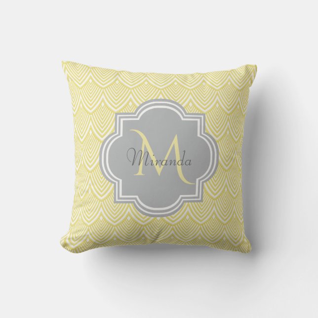 Chic Yellow Art Deco Scallops Grey  Monogram Name Throw Pillow (Front)