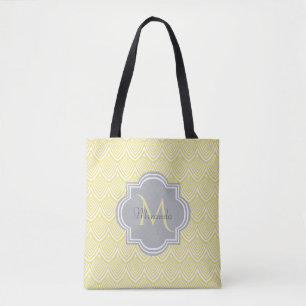 Chic Yellow Art Deco Scallops Grey Monogram Name Tote Bag