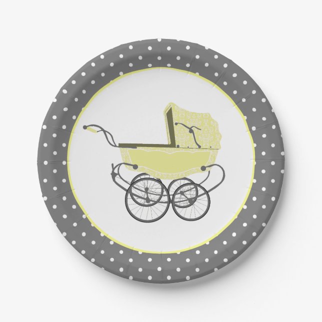 Chic Yellow Baby Buggy Baby Shower Paper Plate (Front)