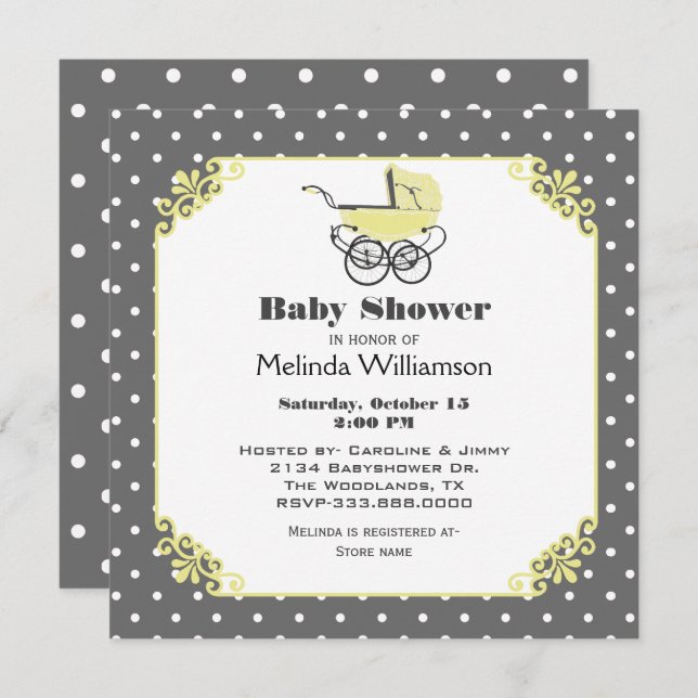 Chic Yellow Baby Pram Baby Shower Invitation (Front/Back)