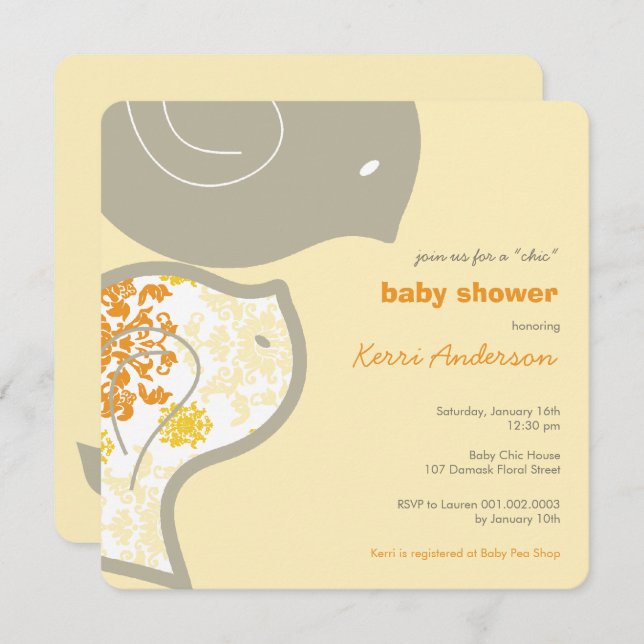 Chic Yellow Damask Chicks Baby Shower Party Invite (Front/Back)