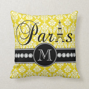 Chic Yellow Damask Paris Monogrammed Throw Pillow