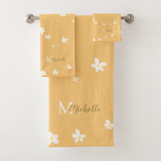 Chic Yellow Farmhouse Sweet Daisies Girly Monogram Bath Towel Set