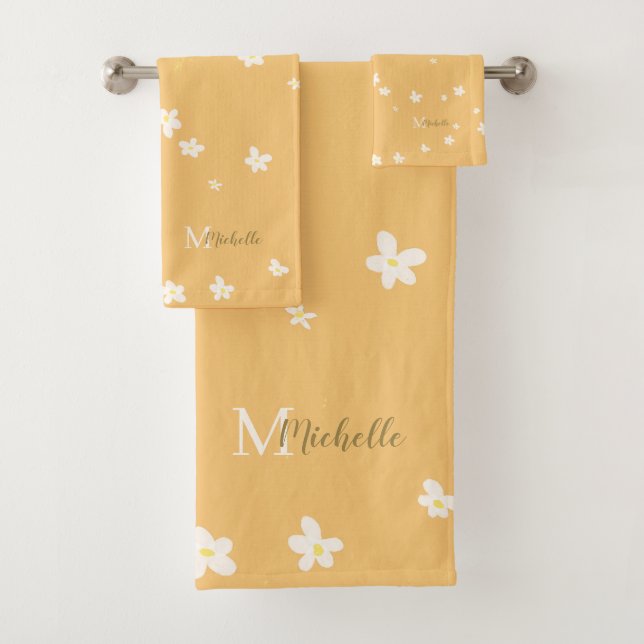 Chic Yellow Farmhouse Sweet Daisies Girly Monogram Bath Towel Set (Insitu)
