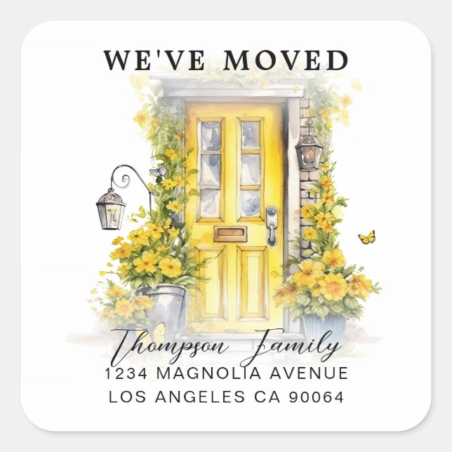 Chic Yellow Floral Door We've Moved Moving Square Sticker (Front)