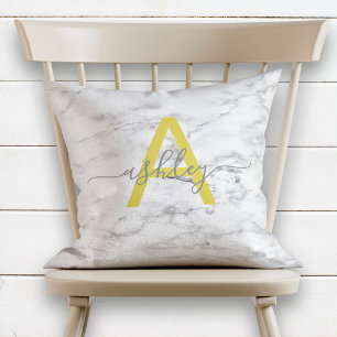 Chic Yellow & Gray Marble Name Monogram Throw Pillow