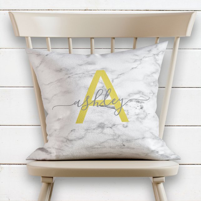 Chic Yellow & Gray Marble Name Monogram Throw Pillow (Creator Uploaded)