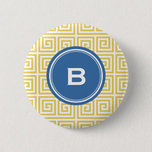 Chic yellow greek key geometric patterns monogram 2 inch round button