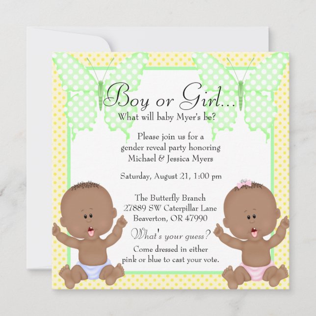Chic Yellow & Green Butterfly Gender Reveal Invitation (Front)