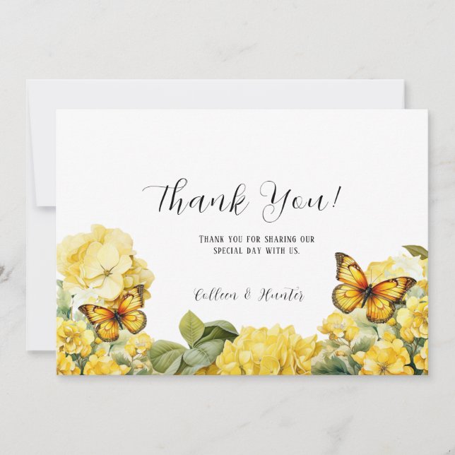 Chic Yellow Hydrangea Butterfly Thank You Cards (Front)