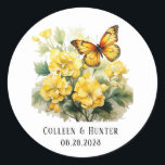 Chic Yellow Hydrangea Butterfly Wedding Classic Round Sticker<br><div class="desc">I hope you like this yellow watercolor hydrangea flower with a yellow butterfly. Matching invitations and wedding party supplies are available in this collection suite.</div>