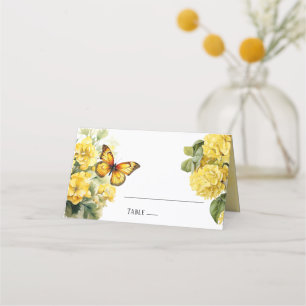 Chic Yellow Hydrangea Butterfly Wedding Place Card