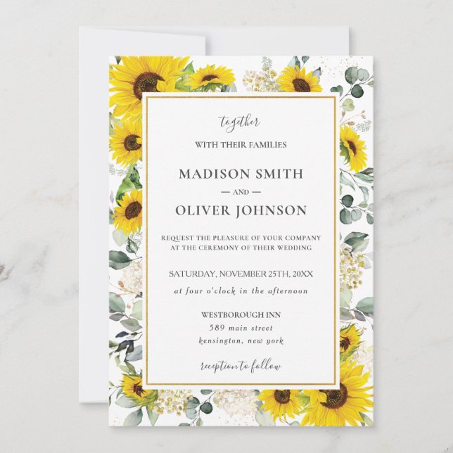 Chic Yellow Sunflower Floral Gold Frame Wedding    Invitation (Front)