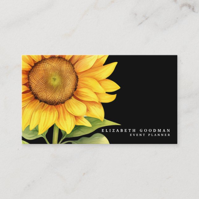 Chic Yellow Sunflowers Black Business Cards (Front)
