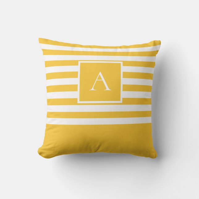 Chic Yellow White Stripe Square Letter Monogram Throw Pillow (Front)