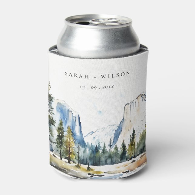 Chic Yosemite National Park CA Watercolor Wedding Can Cooler (Can Front)