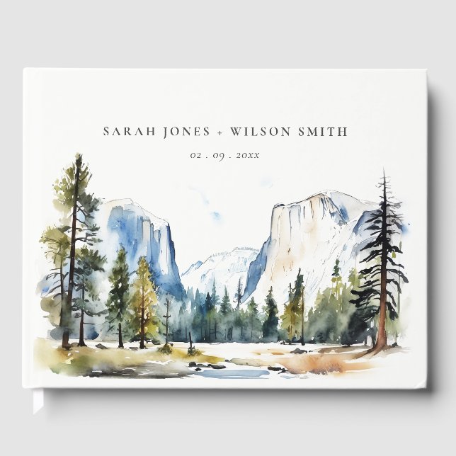 Chic Yosemite National Park CA Watercolor Wedding Guest Book (Front)