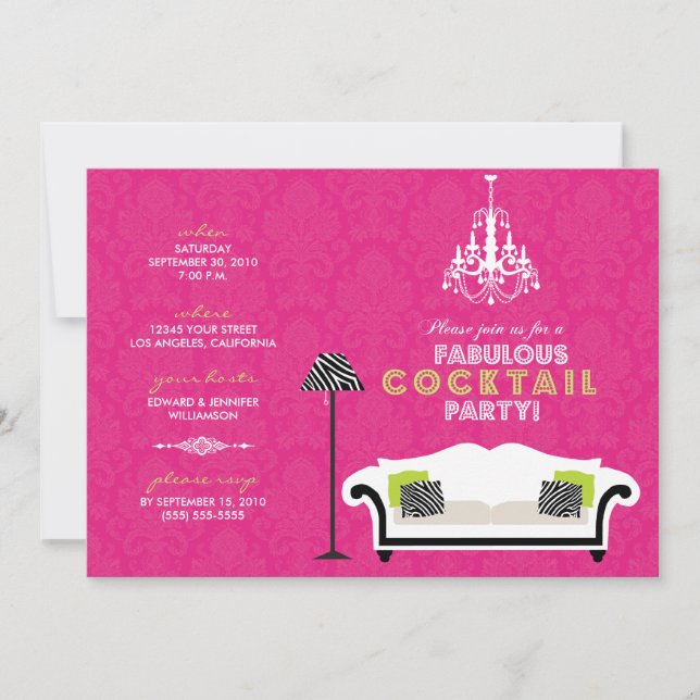 Chic Zebra Cocktail Party Invitation (hot pink) (Front)