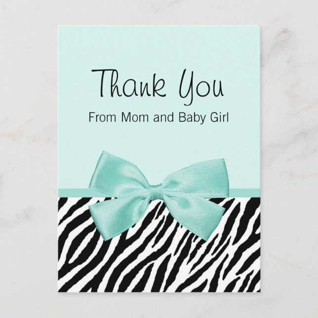 Chic Zebra Fresh Mint Bow Baby Shower Thank You Announcement Postcard (Front)