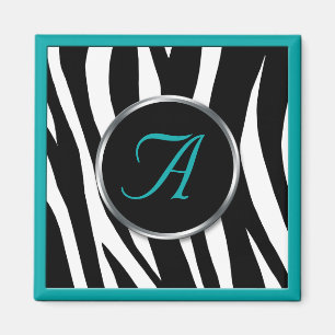 Chic Zebra Imprimer Magnet Monogramme Turquoise