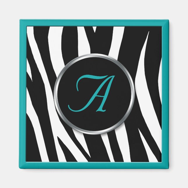 Chic Zebra Imprimer Magnet Monogramme Turquoise (Devant)