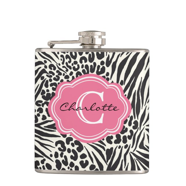 Chic Zebra Leopard and Pink Custom Monogram Flask (Front)