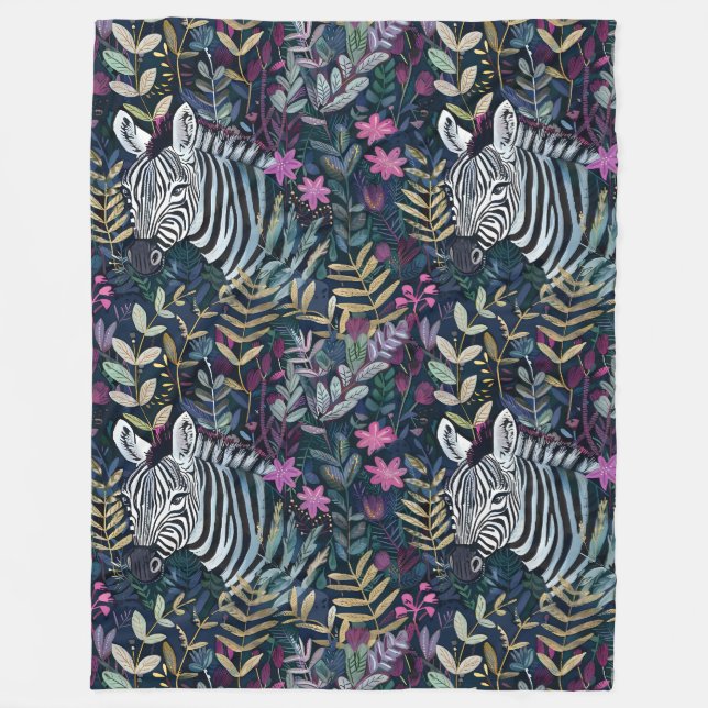 Chic zebra pattern foliage fleece blanket (Front)